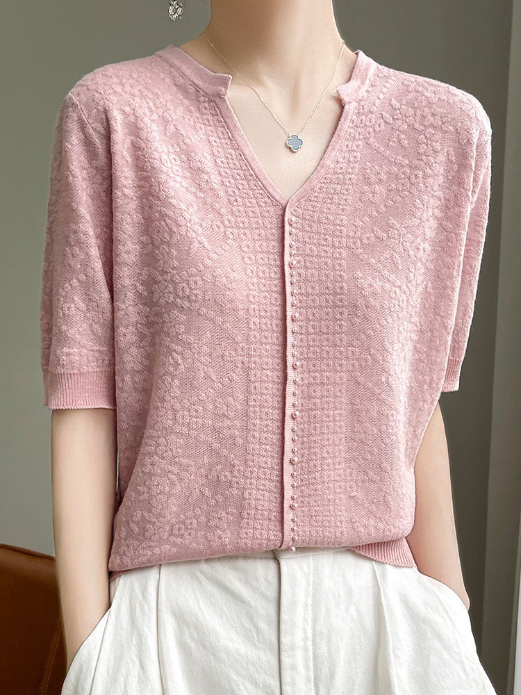 2024 Tencel Casual All-Match Short-Sleeved T-Shirt Women'S V Design Fashion All-Match Hollow Crochet Knitted - Image 3