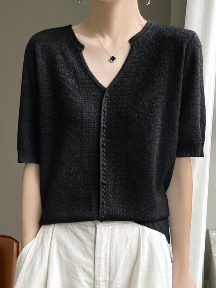 2024 Tencel Casual All-Match Short-Sleeved T-Shirt Women'S V Design Fashion All-Match Hollow Crochet Knitted - Image 5
