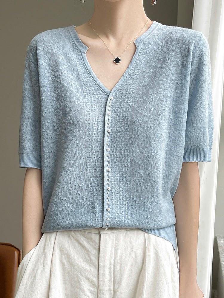 2024 Tencel Casual All-Match Short-Sleeved T-Shirt Women'S V Design Fashion All-Match Hollow Crochet Knitted - Image 4
