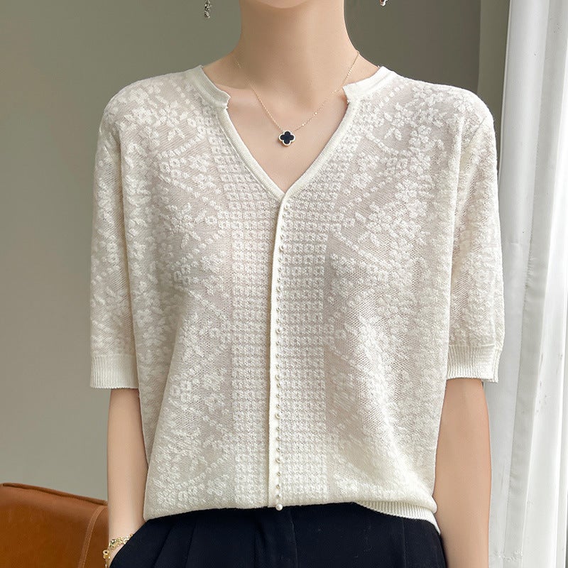 2024 Tencel Casual All-Match Short-Sleeved T-Shirt Women'S V Design Fashion All-Match Hollow Crochet Knitted - Image 1