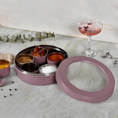 Elan 7 Compartment Multipurpose Tight Lid Stainless Steel See-Through Round Spice Box/Popula Dabba With Lid And Spoon | Masala box (Mauve) - Image 1