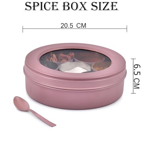 Elan 7 Compartment Multipurpose Tight Lid Stainless Steel See-Through Round Spice Box/Popula Dabba With Lid And Spoon | Masala box (Mauve) - Image 2