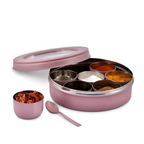 Elan 7 Compartment Multipurpose Tight Lid Stainless Steel See-Through Round Spice Box/Popula Dabba With Lid And Spoon | Masala box (Mauve) - Image 5
