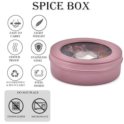 Elan 7 Compartment Multipurpose Tight Lid Stainless Steel See-Through Round Spice Box/Popula Dabba With Lid And Spoon | Masala box (Mauve) - Image 4