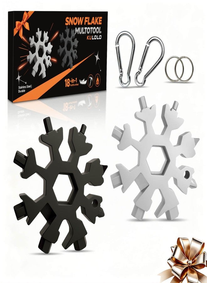KULOLO Snowflake Multi Tool 2 Pack - Stainless Steel 18 in 1 Multitool with Carabiner,Bottle Opener & Wrench,Stocking Stuffers for Men,White Elephant Gifts, Christmas Gifts for Him (Silver + Black) - Image 1