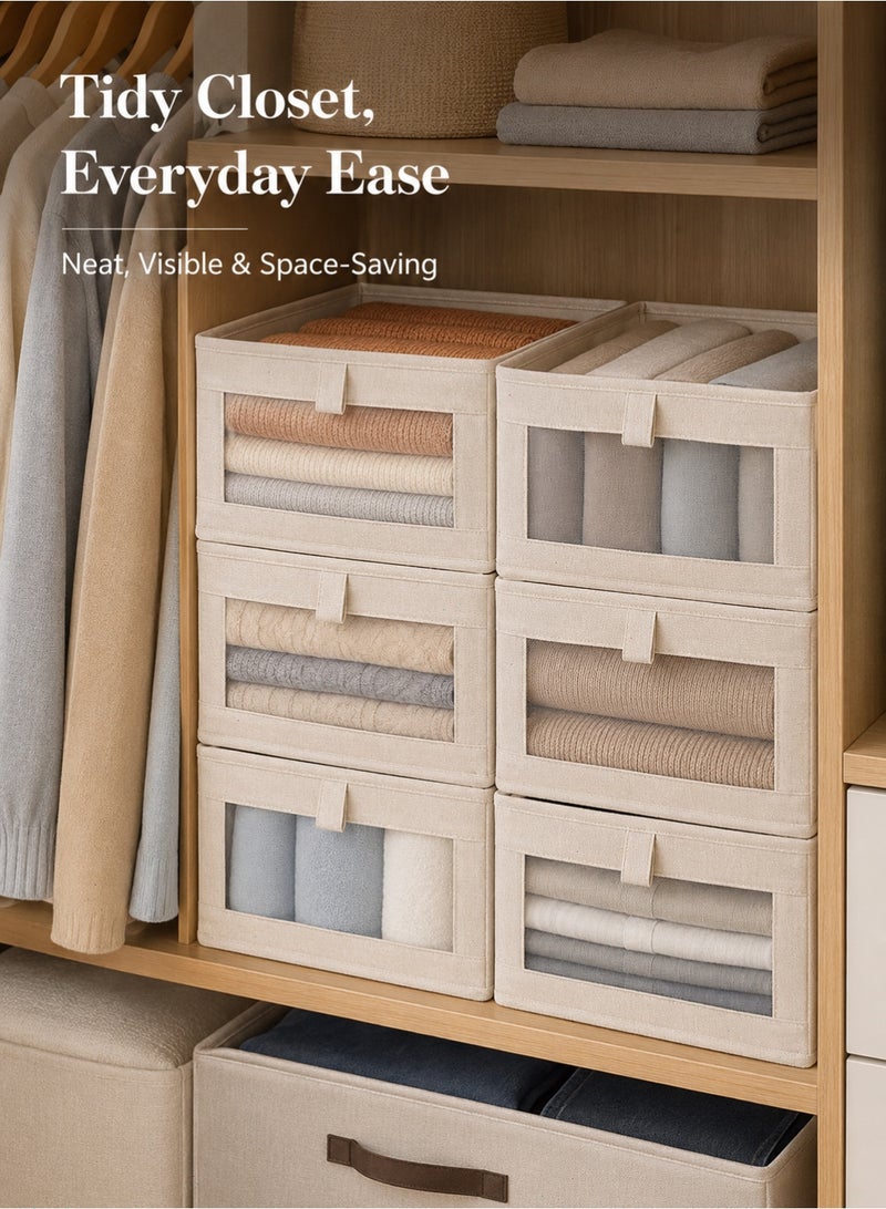 Wardrobe Organizer, 6 Pack Foldable Clothes Storage Boxes with Visible Window, Closet Organizer Bins for Clothes, Jeans, Towels and Underwear, Beige - Image 4
