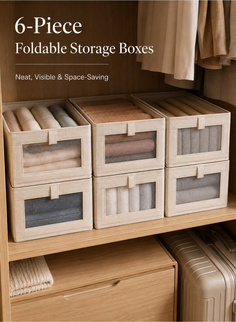Wardrobe Organizer, 6 Pack Foldable Clothes Storage Boxes with Visible Window, Closet Organizer Bins for Clothes, Jeans, Towels and Underwear, Beige - Image 1