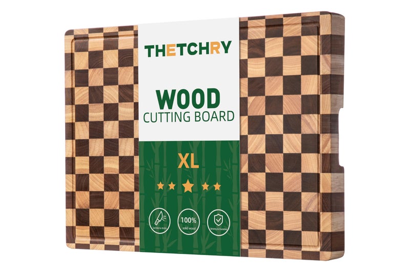 THETCHRY Cutting Boards for Kitchen, Extra Large Chopping Board for Stovetop, Checkered Acacia Wood Cutting Board with Juice Grooves, Butcher Block with Gift Box, 20" x 15" x 1" - Image 1