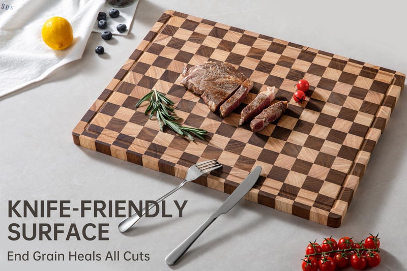 THETCHRY Cutting Boards for Kitchen, Extra Large Chopping Board for Stovetop, Checkered Acacia Wood Cutting Board with Juice Grooves, Butcher Block with Gift Box, 20" x 15" x 1" - Image 3