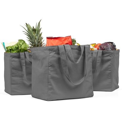 VeraMia Grey Canvas Grocery Bag 3pc Jumbo Set with Real Pockets, Long Shoulder Strap and Short Handle. Reusable Shopping Bags for Groceries Heavy Duty, Foldable, Washable, Grey Grocery Tote Bag - Image 1