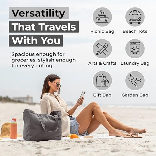VeraMia Grey Canvas Grocery Bag 3pc Jumbo Set with Real Pockets, Long Shoulder Strap and Short Handle. Reusable Shopping Bags for Groceries Heavy Duty, Foldable, Washable, Grey Grocery Tote Bag - Image 5