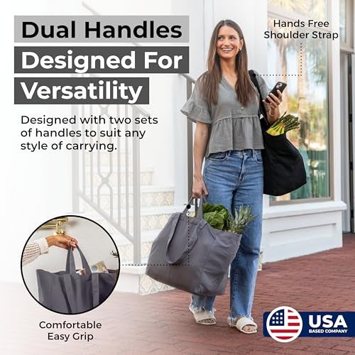 VeraMia Grey Canvas Grocery Bag 3pc Jumbo Set with Real Pockets, Long Shoulder Strap and Short Handle. Reusable Shopping Bags for Groceries Heavy Duty, Foldable, Washable, Grey Grocery Tote Bag - Image 2