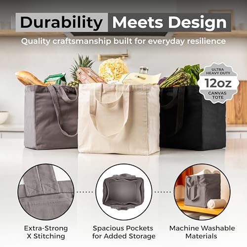 VeraMia Grey Canvas Grocery Bag 3pc Jumbo Set with Real Pockets, Long Shoulder Strap and Short Handle. Reusable Shopping Bags for Groceries Heavy Duty, Foldable, Washable, Grey Grocery Tote Bag - Image 3