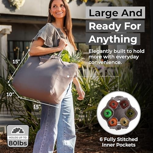 VeraMia Grey Canvas Grocery Bag 3pc Jumbo Set with Real Pockets, Long Shoulder Strap and Short Handle. Reusable Shopping Bags for Groceries Heavy Duty, Foldable, Washable, Grey Grocery Tote Bag - Image 4