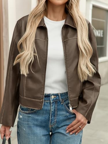 Yousify Womens Faux Leather Jacket Casual Zip Up Motorcycle Long Sleeve Collared Spring Cropped Coats with Pockets - Image 3