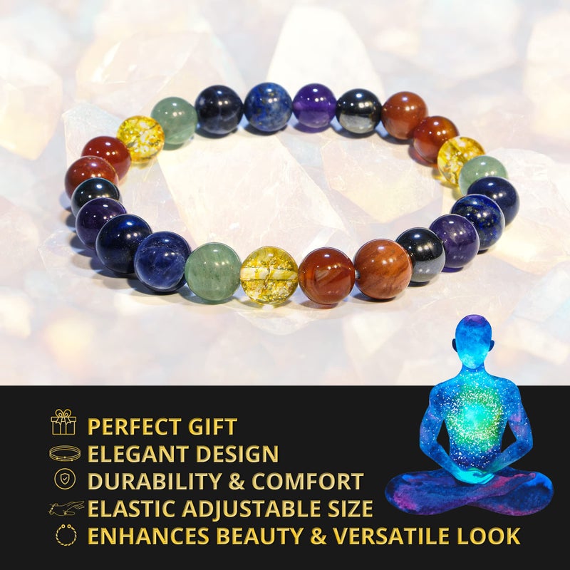 ANAYA AGATE 7 Chakra Bracelet, Natural Healing Crystal Bracelet for Women and Men, 8mm Round Beaded Bracelet for Spiritual Healing, Protection, Positive Energy, Elastic Adjustable Size Gemstone Bead Bracelet - Image 4