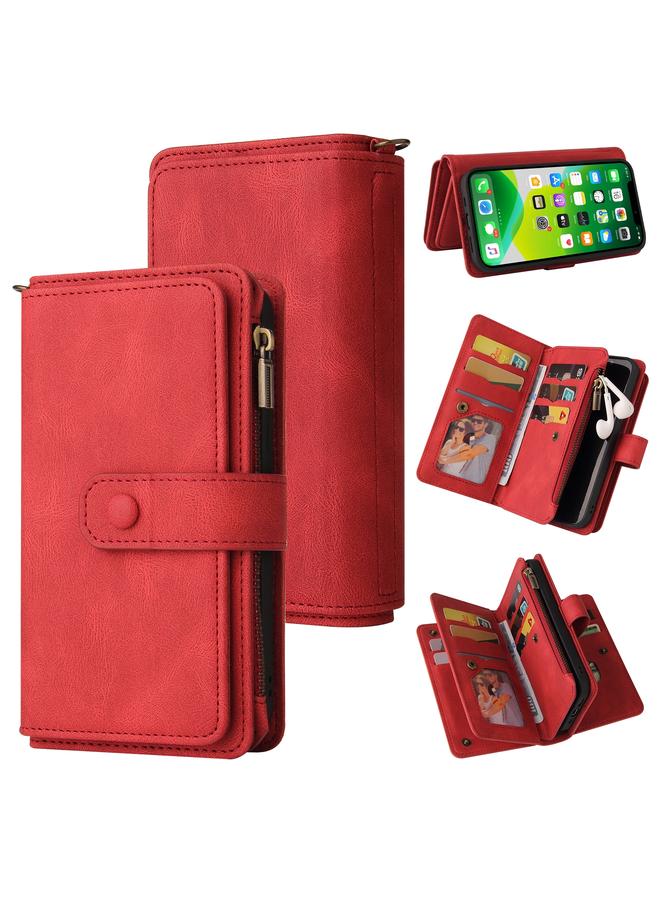 اس-توب جراب لهاتف iPhone 13 مصنوع من الجلد PU + TPU مع حامل وفتحة لـ 15 بطاقة ومحفظة وجيب بسحاب وحبل - Image 1