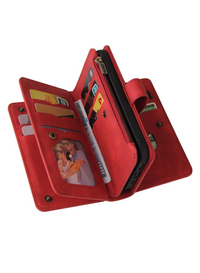 اس-توب جراب لهاتف iPhone 13 مصنوع من الجلد PU + TPU مع حامل وفتحة لـ 15 بطاقة ومحفظة وجيب بسحاب وحبل - Image 4