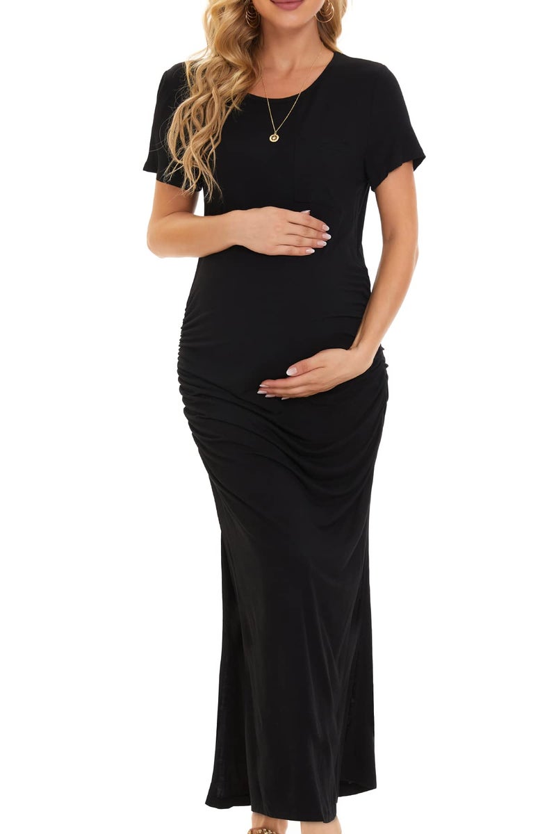 Smallshow Women's Split Long Maternity Dress Short Sleeve Ruched Pregnancy Clothes Large Black - Image 2
