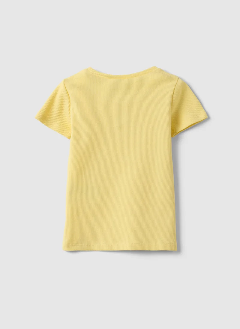 او في اس OVS Yellow Stretch Cotton T-Shirt For Girls With Rainbow