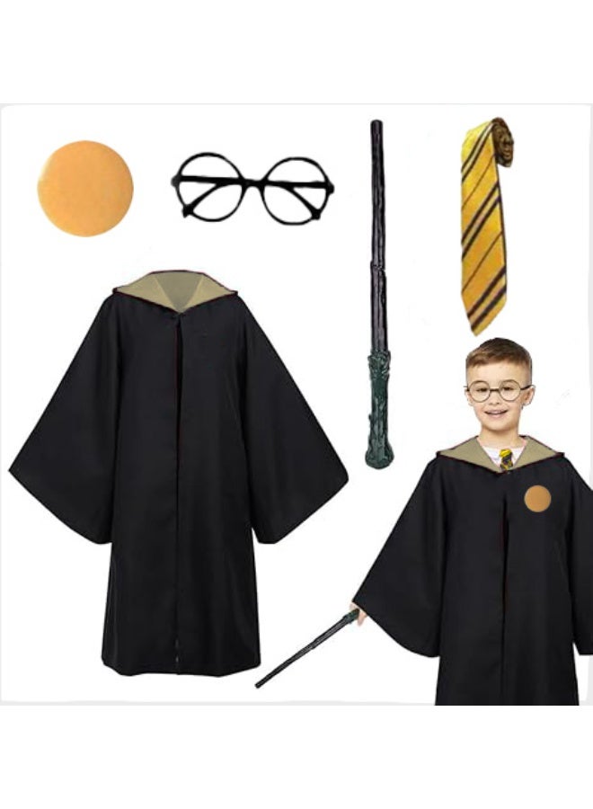 Home Smart Wizard Party Costume for Boys and Girls Wizard Robe with Tie Magic Wand Spectacle Frame and Badge for Themed Cosplay and Party Favor (Sun) - Image 1