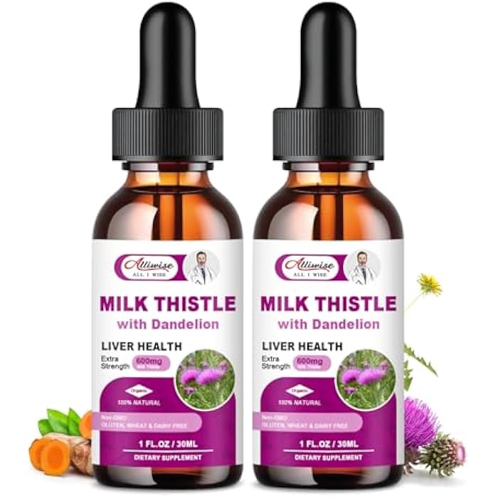 Alliwise Liver Health Support Liquid 2 Pack,600mg Milk Thistle 80% Silymarin Extract & 250mg Dandelion Root Extract, Liver Cleanse Detox & Repair Fatty Liver Formula, Vegan, Non-GMO and All-Natural - Image 1