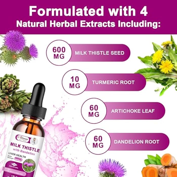Alliwise Liver Health Support Liquid 2 Pack,600mg Milk Thistle 80% Silymarin Extract & 250mg Dandelion Root Extract, Liver Cleanse Detox & Repair Fatty Liver Formula, Vegan, Non-GMO and All-Natural - Image 3
