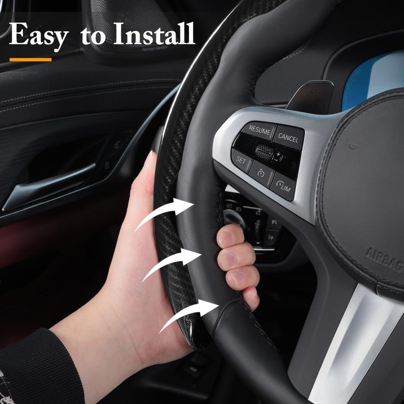 Aotoyou Carbon Fiber Steering Wheel Cover, Snap on Car Steering Wheel Cover Set Accessories 3pcs Wrap Grip Non Slip Protector Universal Glossy Black - Image 4