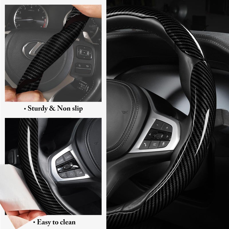 Aotoyou Carbon Fiber Steering Wheel Cover, Snap on Car Steering Wheel Cover Set Accessories 3pcs Wrap Grip Non Slip Protector Universal Glossy Black - Image 5