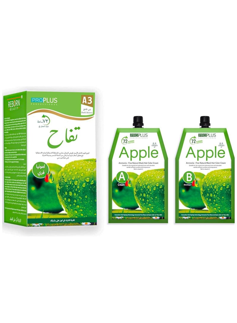 Pro Plus Apple Ammonia Free Hair Color Cream 500ml + Fixer 500ml (Dark Brown A3) - Image 1