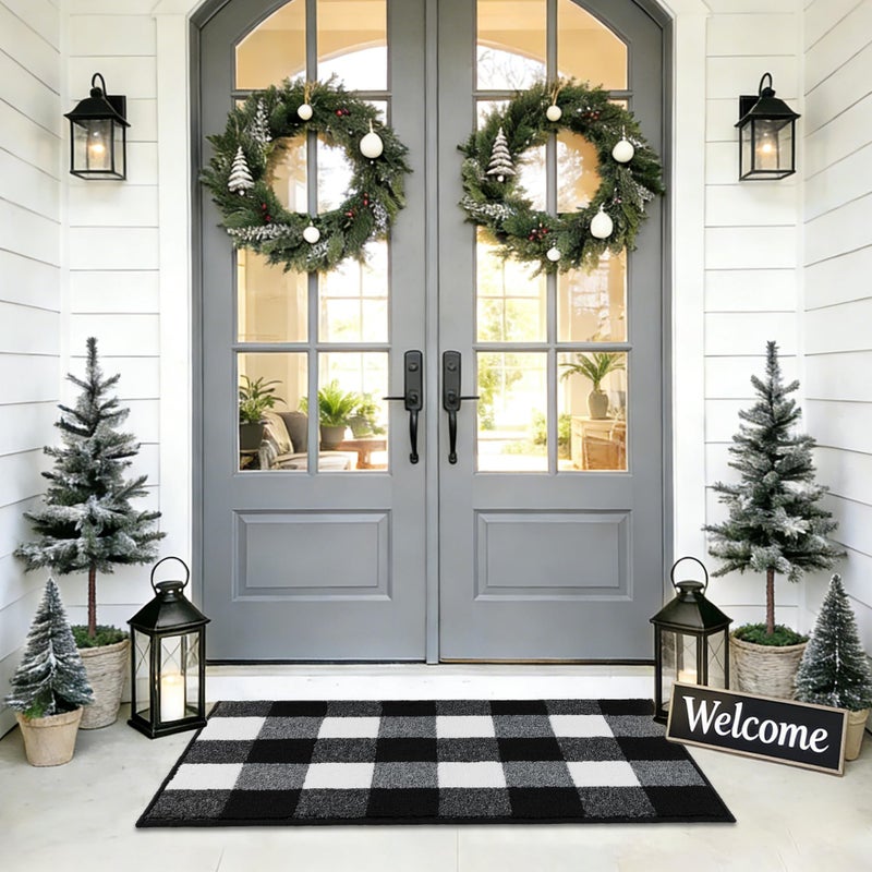 REFETONE Buffalo Plaid Rug 24"x36", Black and White Checkered Rug Rubber Backing Non-Slip Indoor Outdoor Rugs for Layered Door Mats, Washable Absorbent Carpet for Front Porch Farmhouse Entryway - Image 1