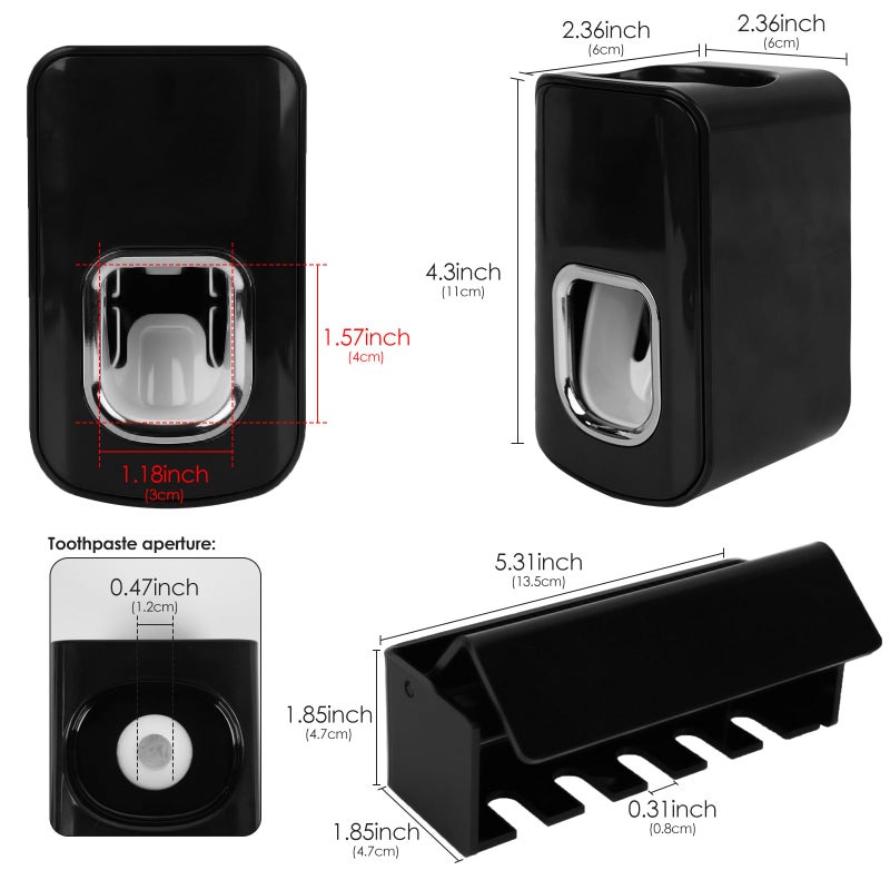 LUEXBOX 5 Slots Wall Mount Toothbrush Holder with Cover, Self Adhesive Toothbrush Storage Organizer for Shower, Toothbrush Hanger with Automatic Toothpaste Squeezer Dispenser(Black) - Image 2