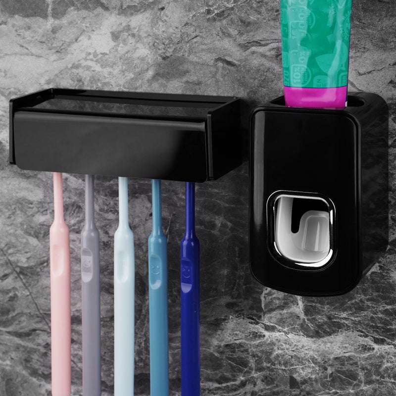 LUEXBOX 5 Slots Wall Mount Toothbrush Holder with Cover, Self Adhesive Toothbrush Storage Organizer for Shower, Toothbrush Hanger with Automatic Toothpaste Squeezer Dispenser(Black) - Image 1