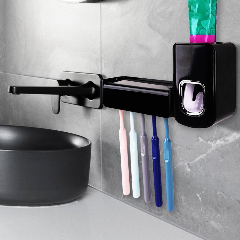 LUEXBOX 5 Slots Wall Mount Toothbrush Holder with Cover, Self Adhesive Toothbrush Storage Organizer for Shower, Toothbrush Hanger with Automatic Toothpaste Squeezer Dispenser(Black) - Image 5