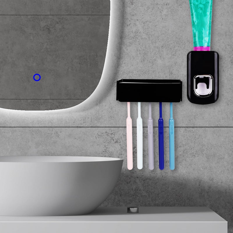 LUEXBOX 5 Slots Wall Mount Toothbrush Holder with Cover, Self Adhesive Toothbrush Storage Organizer for Shower, Toothbrush Hanger with Automatic Toothpaste Squeezer Dispenser(Black) - Image 3