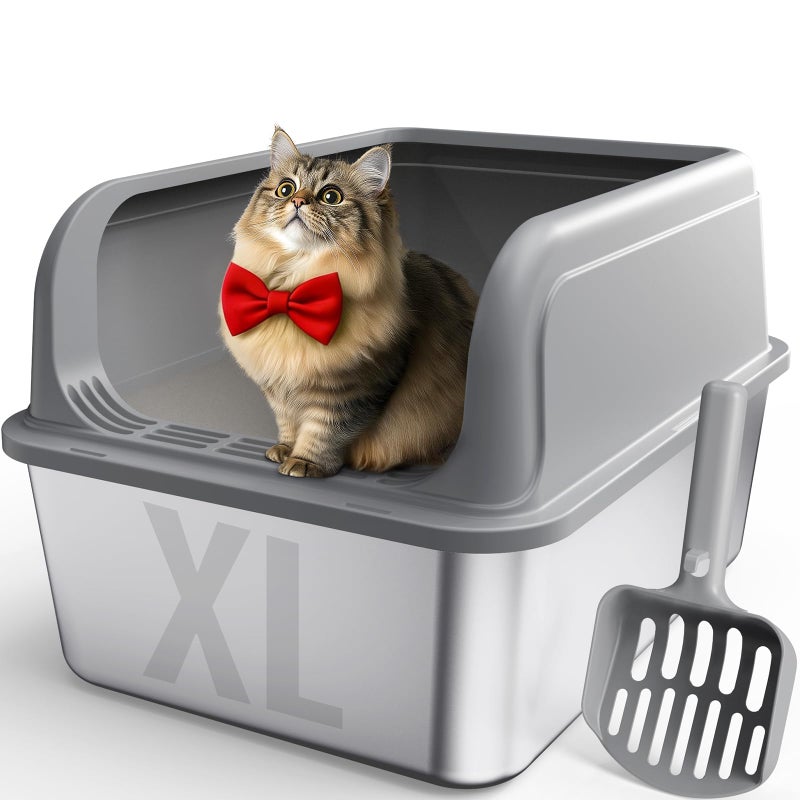 Powools Stainless Steel Cat Litter Box, Metal Litter Box with Scoop, High- Sided, Anti-Leakage Top Entry, Non-Sticky, Easy to Clean, Grey, XL (1 Pack) - Image 1