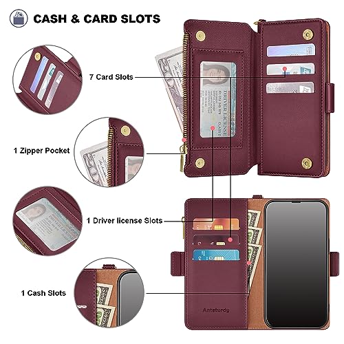 Antsturdy Compatible with 4.7 inch iPhone 6/6S/7/8/SE 2020/SE 2022 Wallet Case,RFID Blocking PU Leather Phone Case Women Men Kickstand Flip Cover Wrist Strap Zipper Credit Card Holder Slots,Wine Red - Image 5