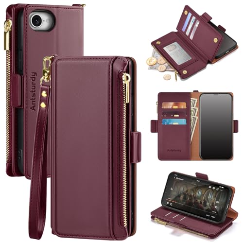 Antsturdy Compatible with 4.7 inch iPhone 6/6S/7/8/SE 2020/SE 2022 Wallet Case,RFID Blocking PU Leather Phone Case Women Men Kickstand Flip Cover Wrist Strap Zipper Credit Card Holder Slots,Wine Red - Image 1