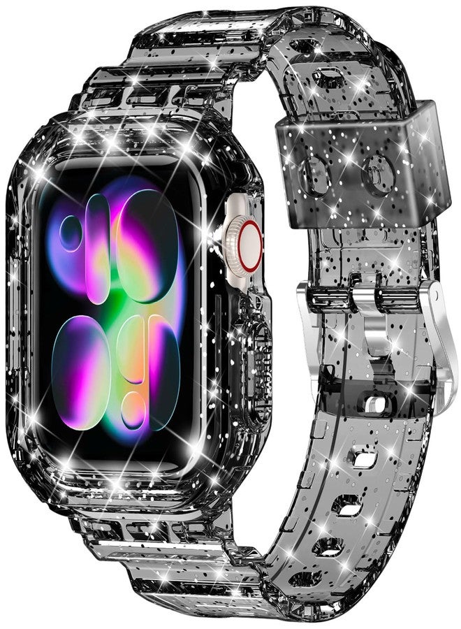 XYF Compatible for Crystal Clear Apple Watch Bands, 46mm Series 10 Bumper Case for Men Women Jelly Sport Cover Strap for iWatch Ultra 2/1 Series 10 9 8 7 SE 6 5 4 3 2 1 (Glitter Black, 46), Glitter - Image 1
