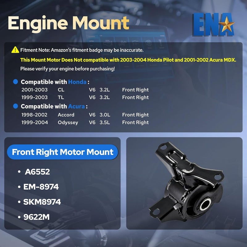 ENA Front Right Engine Motor Mount for Honda Accord, Odyssey, Acura CL, TL - Image 2