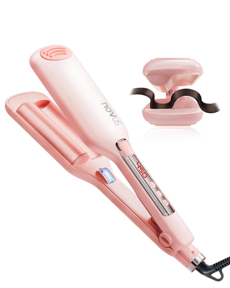 NOVUS 1.1 Inch Beach Waves Curling Iron for Women - 2 Barrel Hair Crimper with Ionic Ceramic & Adjustable Heat, Anti-Scald Design for Long-Lasting Shiny Curls, Pink - Image 1