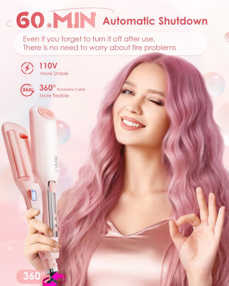 NOVUS 1.1 Inch Beach Waves Curling Iron for Women - 2 Barrel Hair Crimper with Ionic Ceramic & Adjustable Heat, Anti-Scald Design for Long-Lasting Shiny Curls, Pink - Image 5