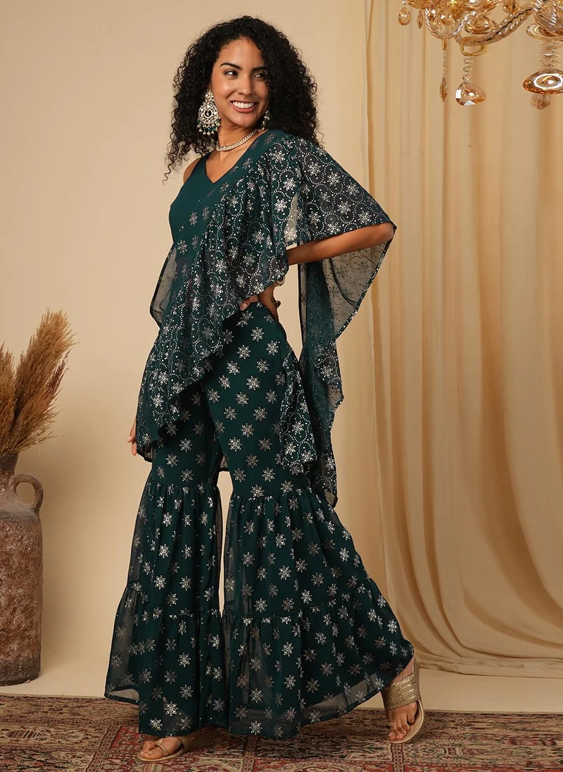 globus Globus Women Green Solid Blouse With Silver Foil Ethnic Motifs Print Sharara Ready To Wear Fusion Saree