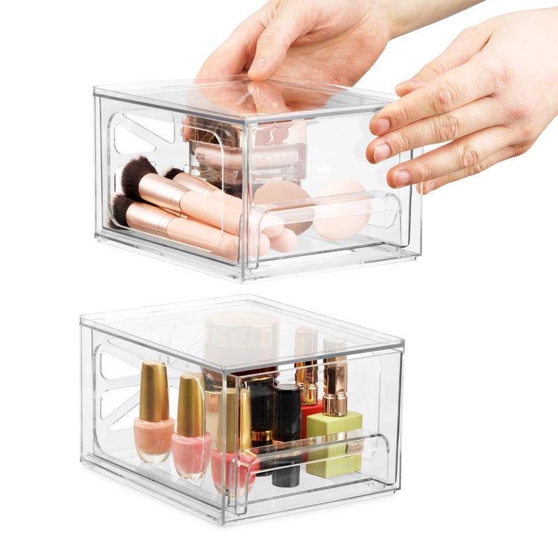 Oizeir Clear Stackable Storage Drawers - 2-Pack - Acrylic Plastic Organizer Drawer For Bathroom Vanity Cabinet  Kitchen Countertop  Small Office Organization. Easily Organize All Cosmetic Makeup Supplies. - Image 1