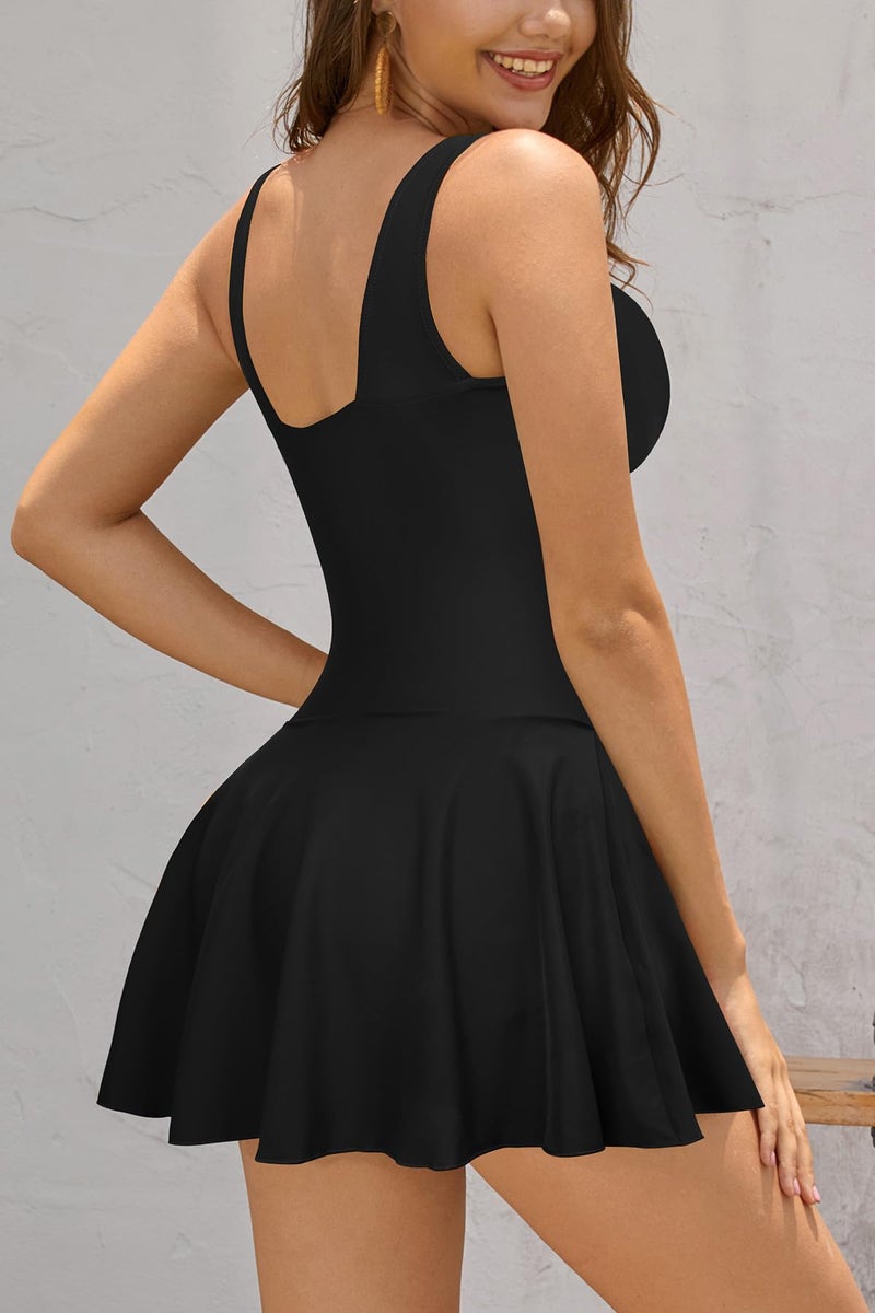 SHEKINI Women's V Neck One Piece Skirt Swimsuit Ruched Retro Swimdress Bathing Suit (Large, Manhattan Black) - Image 4