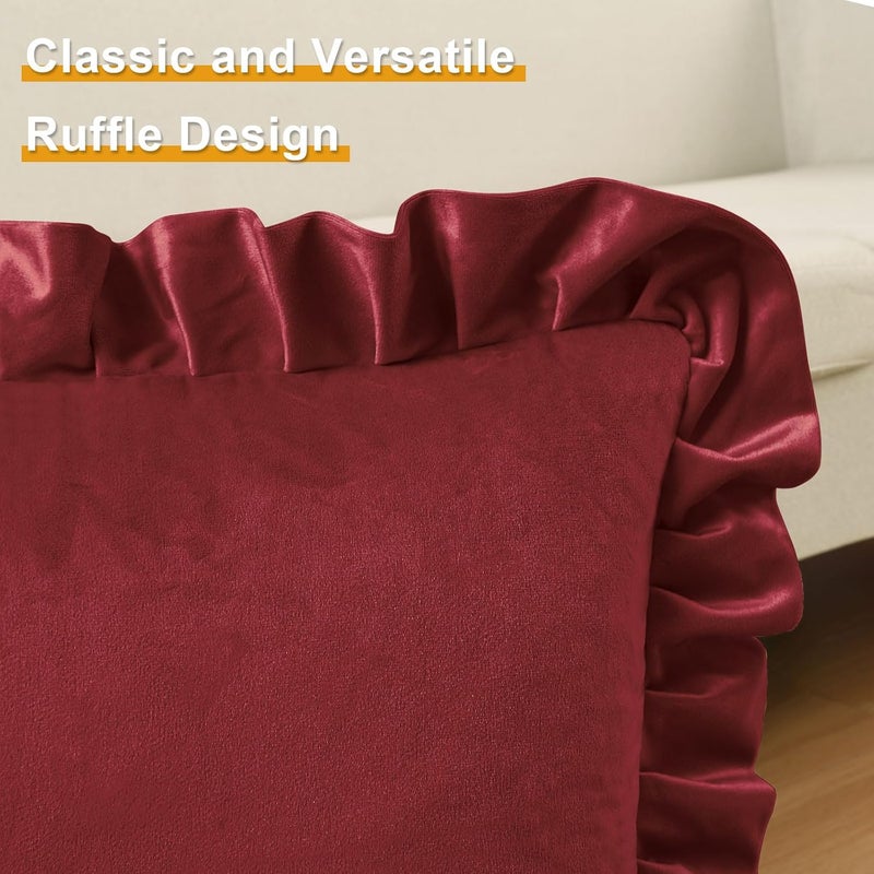 JIUZHEN Burgundy Velvet Throw Pillow Covers with Ruffles, Soild Decorative Throw Pillow Covers for Couch Sofa Bed Livingroom，Set of 2，18x18 Inch - Image 3