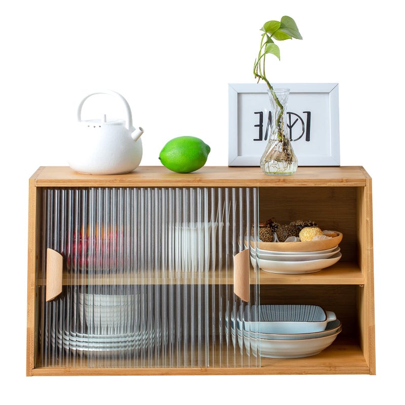 HollyHOME HollyHOME Small Bamboo Kitchen Pantry Sideboard with 2 Glass Doors and Adjustable Shelf Freestanding Countertop Storage Cabinet for Bottles Dish Bowl Console Dining Cupboard Burlywood 