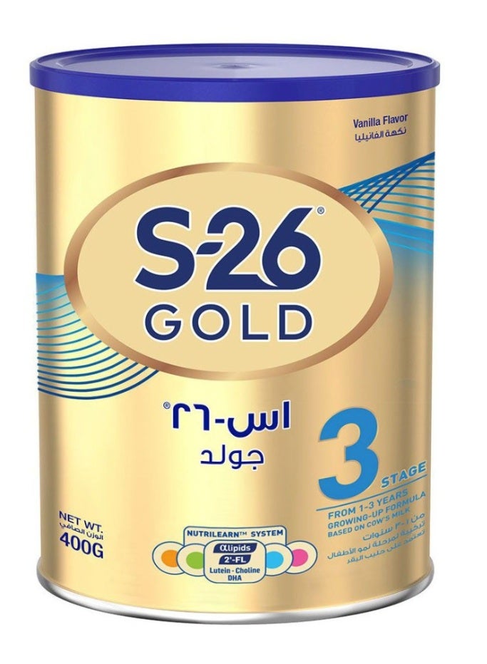حليب الأطفال S-26 Gold المرحلة 3، تركيبة نمو للأطفال الصغار من عمر سنة إلى 3 سنوات، 400 غرام - يحتوي على DHA والفيتامينات والمعادن