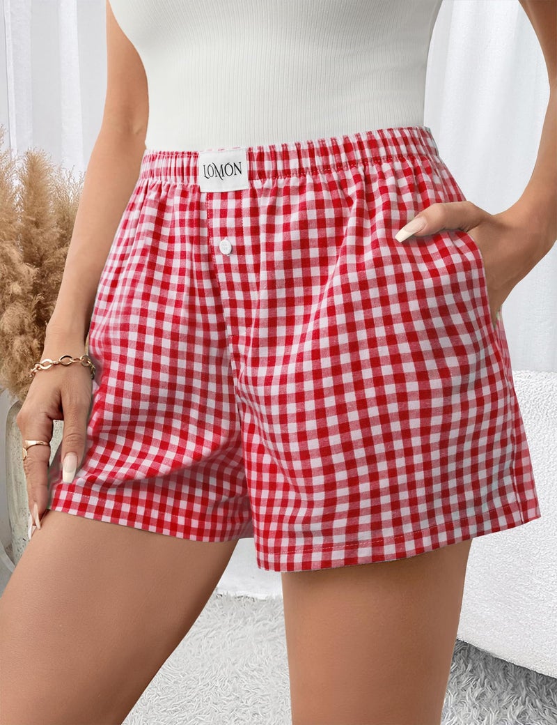 LOMON Boxer Shorts for Women Summer Gingham Pajamas 2026 Lounge Sleep Pj Plaid Shorts Y2K Beach Bottoms with Pockets (Red White Plaid L) - Image 2