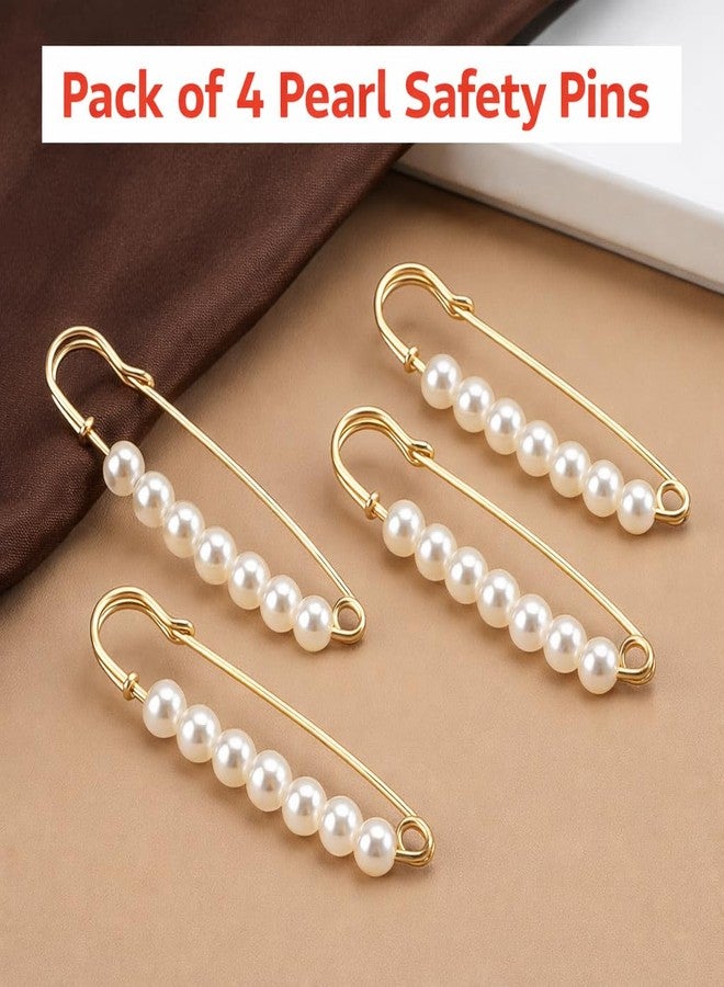 PURCHASE ZONE Pearl Safety Pins, Gold Plated, Decorative Brooch Pins for Women, Saree, Dupatta, Shawl & Dresses, Women's Faux Pearl Waist Pin Safety Hijab Clips [ Pack of 4 ] - Image 2